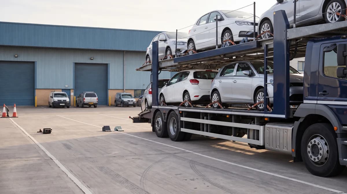 Illustration: vehicles on a transporter before dispatch